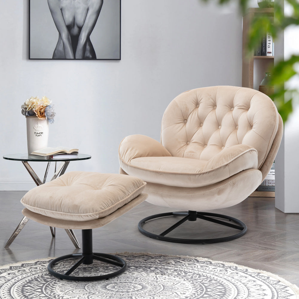 Swivel Accent Chair with Ottoman Set - Modern Lounge Chair with Footrest - Upholstered Oversized Armchair with 360 Degree Metal Base for Living Room & Bedroom