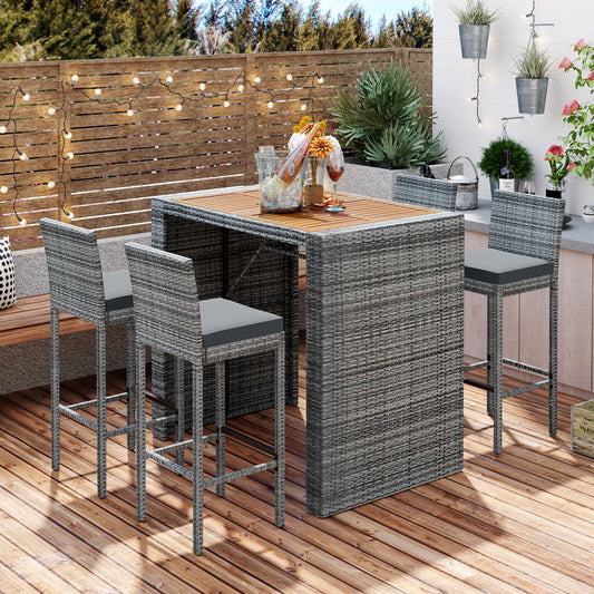 47" 5-Pieces Outdoor Patio Wicker Bar Set - Bar Height Chairs/Stool with Removable Cushion for Outdoor Garden & Poolside & Backyard