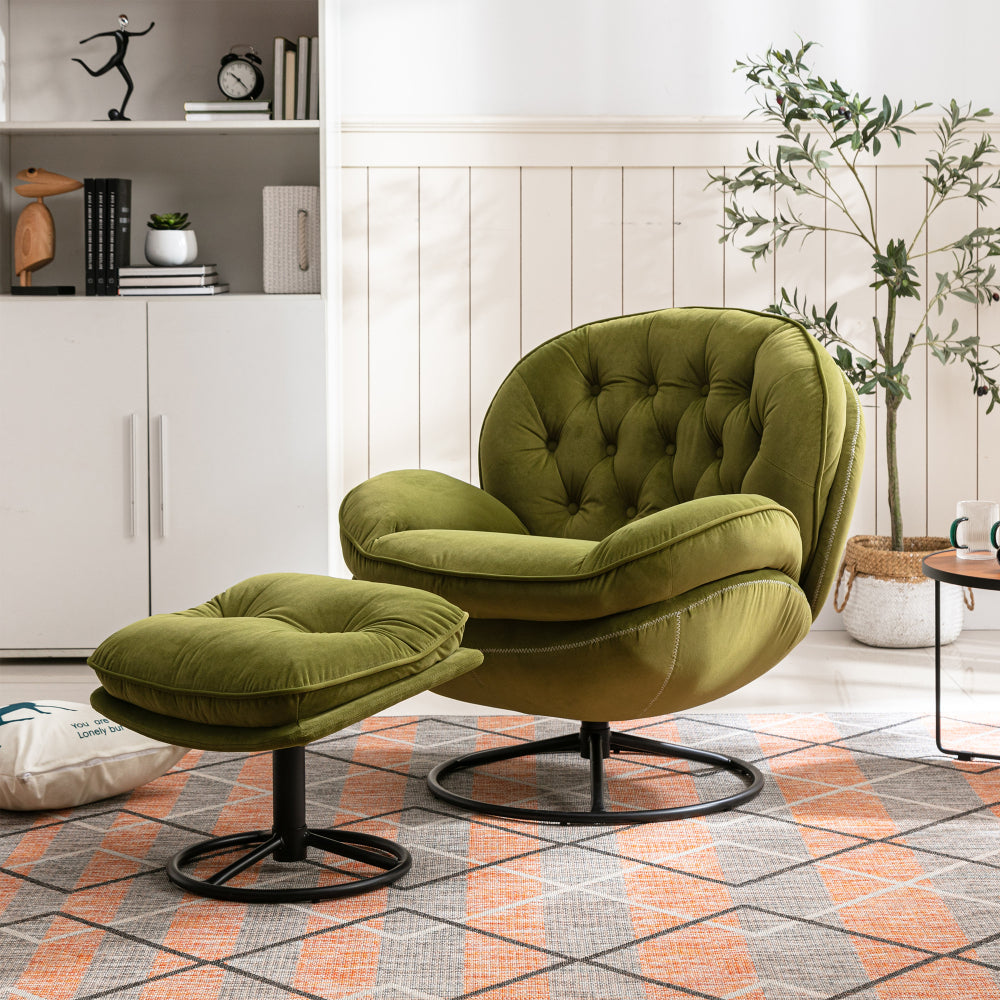 Swivel Accent Chair with Ottoman Set - Modern Lounge Chair with Footrest - Upholstered Oversized Armchair with 360 Degree Metal Base for Living Room & Bedroom