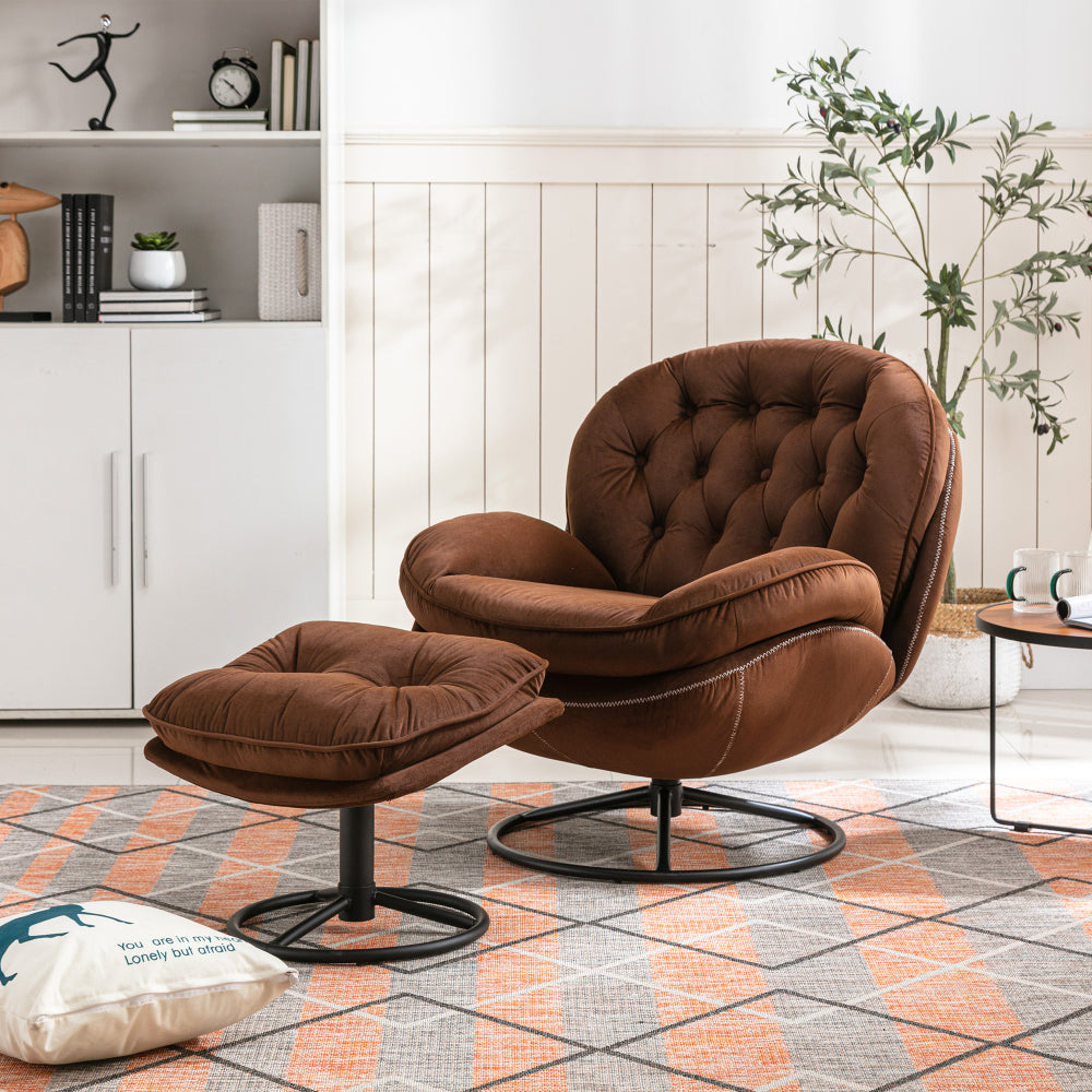 Swivel Accent Chair with Ottoman Set - Modern Lounge Chair with Footrest - Upholstered Oversized Armchair with 360 Degree Metal Base for Living Room & Bedroom