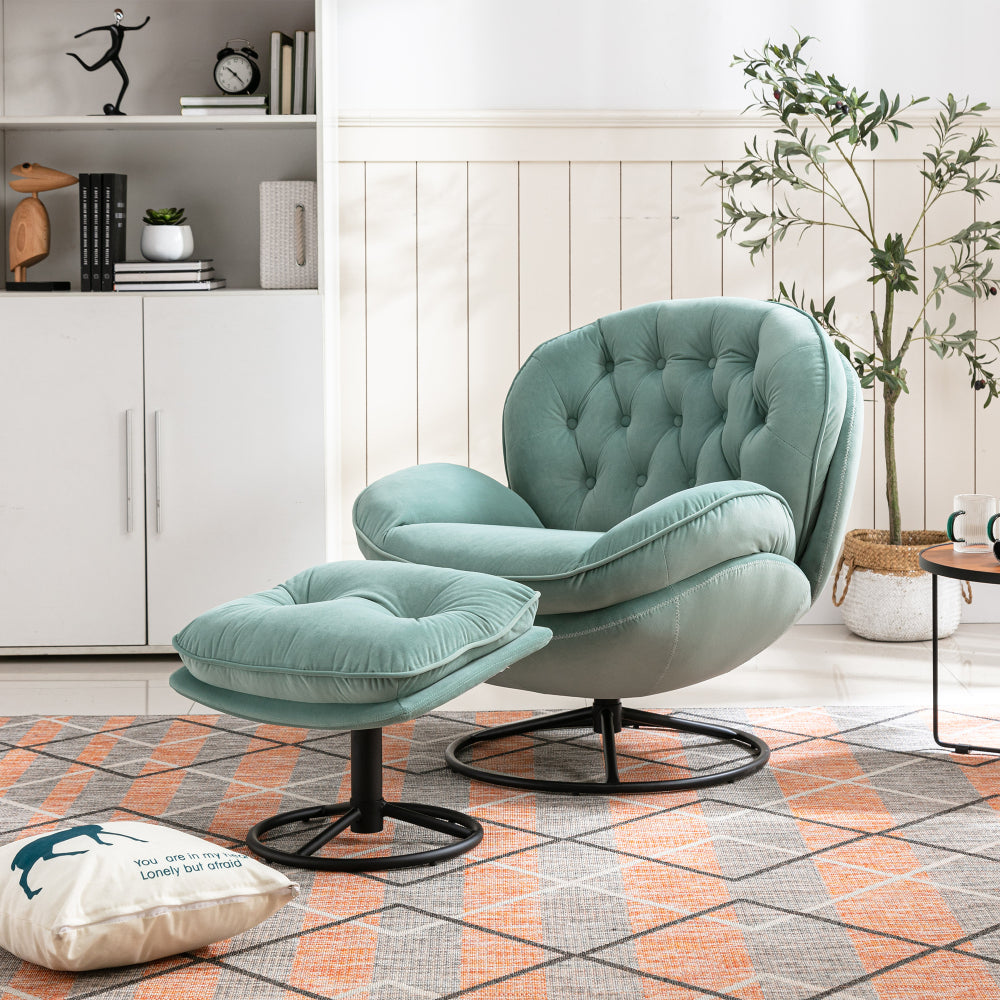 Swivel Accent Chair with Ottoman Set - Modern Lounge Chair with Footrest - Upholstered Oversized Armchair with 360 Degree Metal Base for Living Room & Bedroom
