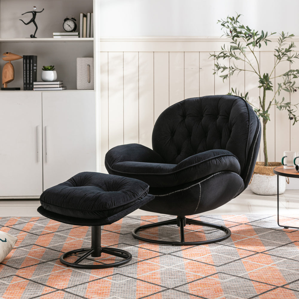 Swivel Accent Chair with Ottoman Set - Modern Lounge Chair with Footrest - Upholstered Oversized Armchair with 360 Degree Metal Base for Living Room & Bedroom
