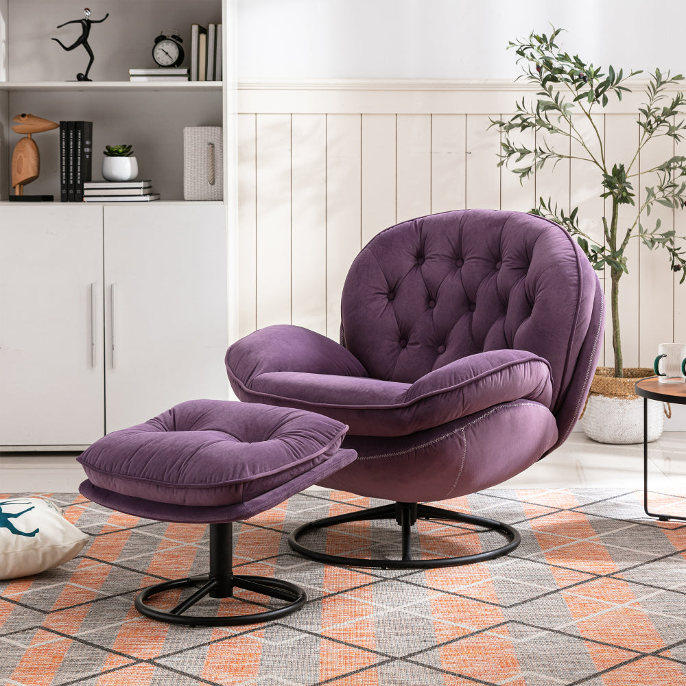Swivel Accent Chair with Ottoman Set - Modern Lounge Chair with Footrest - Upholstered Oversized Armchair with 360 Degree Metal Base for Living Room & Bedroom