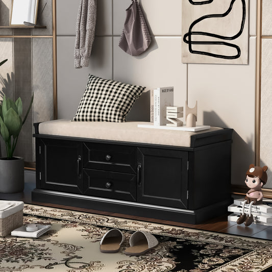42" Storage Bench with 2 Drawers & 2 Cabinets - Shoe Bench with Removable Cushion for Living Room & Entryway