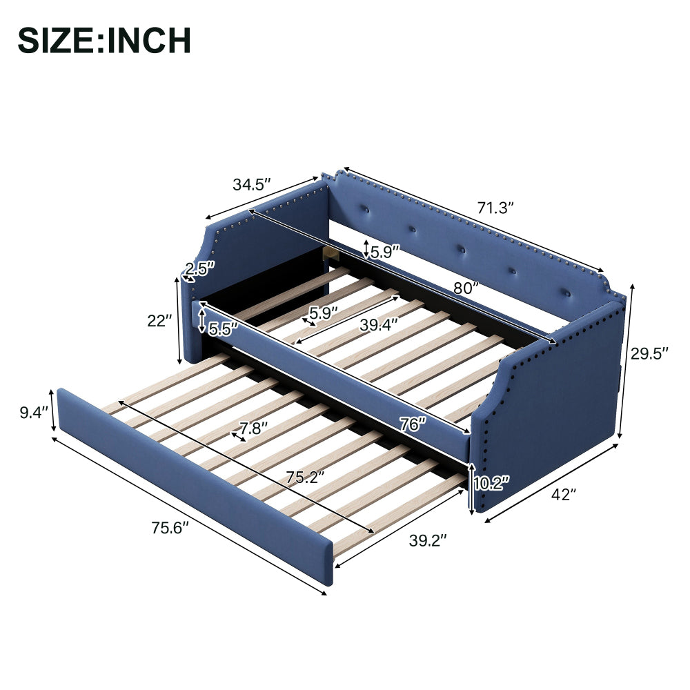 Twin Size Upholstered Daybed with Trundle - Wood Slat Support with Headboard and Armrest - Sofa Bed Frame for Living Room & Guest Room & Home Office