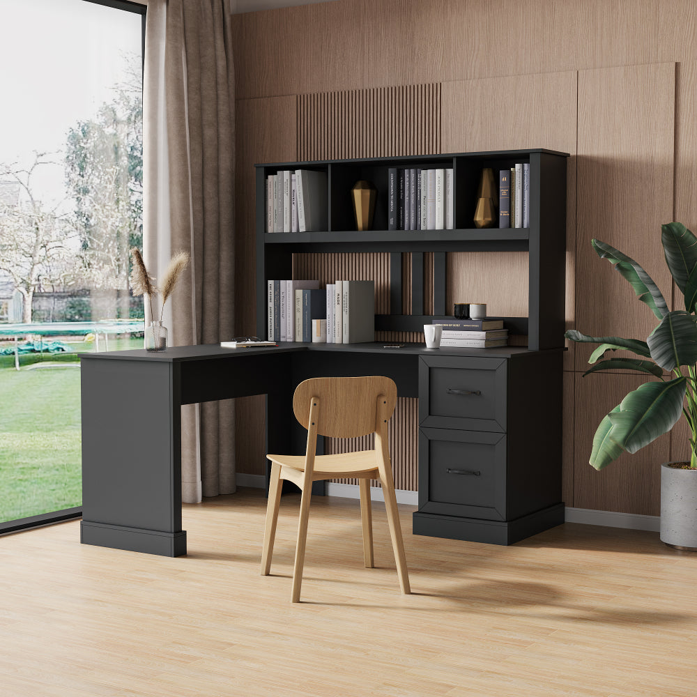 60" L Shaped Desk with Hutch - Home Office Computer Desk with Drawer Storage & Shelf - Writing Table for Living Room & Home Office