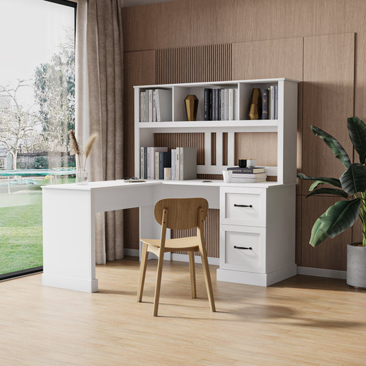 60" L Shaped Desk with Hutch - Home Office Computer Desk with Drawer Storage & Shelf - Writing Table for Living Room & Home Office