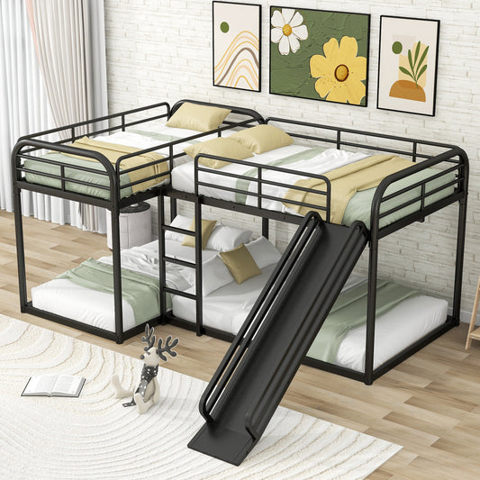 Full & Twin Size L-Shaped Bunk Bed with Slide & Ladder - Heavy Duty Metal Loft Bed 4 in 1 with Guardrail - Bed Frame for Bedroom & Dorm