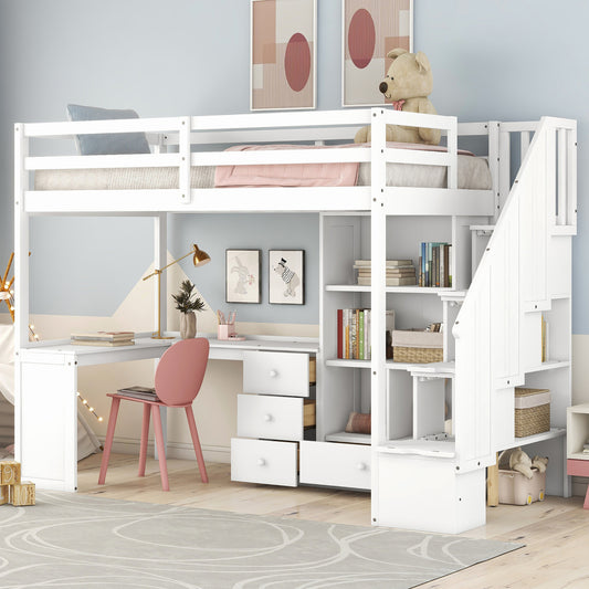 Twin Size Loft Bed with L Shaped Desk & Drawer - Support Bed Frame with Shelves/Storage Ladder & Guardrail - Small Space Saving Furniture for Bedroom & Dorm
