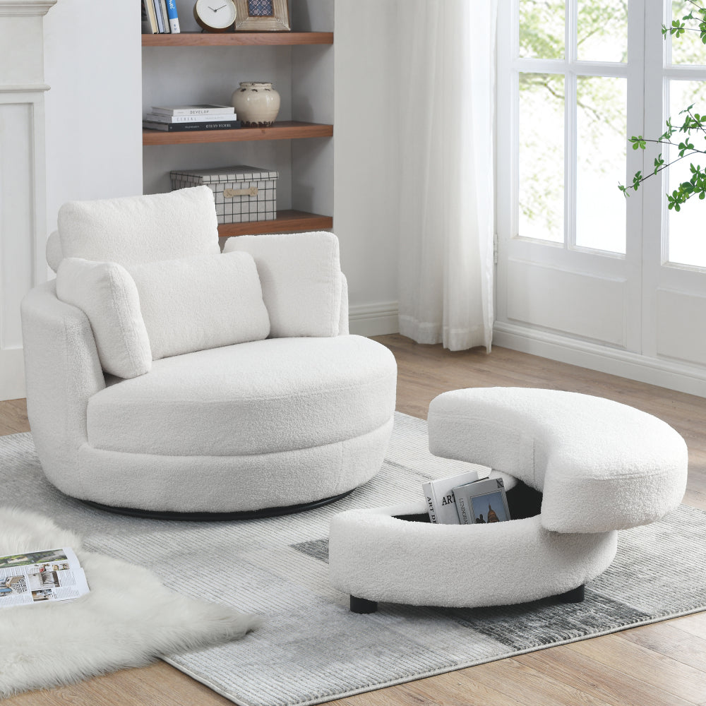 39" Oversized Swivel Chair with Moon Shape Storage Ottoman - Teddy Fabric Modern Accent Round Loveseat Circle Barrel Arm Chairs for Bedroom & Living Room