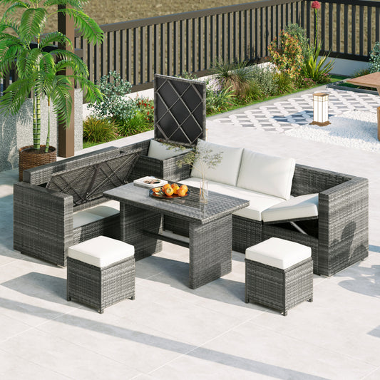 6-Piece Outdoor All Weather PE Rattan Sofa Set - Garden Patio Wicker Sectional Couch Set with Storage Box & Coffee Table - Removable Cusion and Tempered Glass Top Table for Poolside & Garden