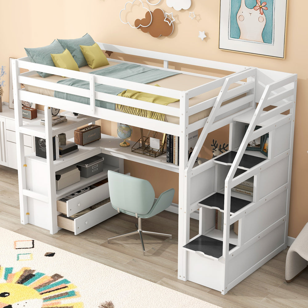 Twin Size Loft Bed with Desk & Drawer - Support Bed Frame with Shelves/Storage Ladder & Guardrail - Small Space Saving Furniture for Bedroom & Dorm