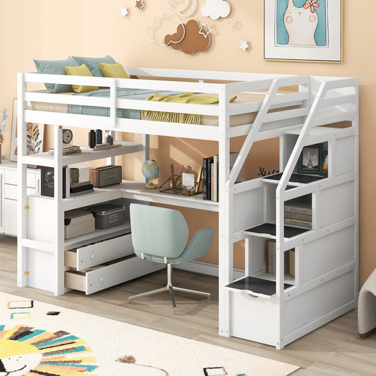 Twin Size Loft Bed with Desk & Drawer - Support Bed Frame with Shelves/Storage Ladder & Guardrail - Small Space Saving Furniture for Bedroom & Dorm