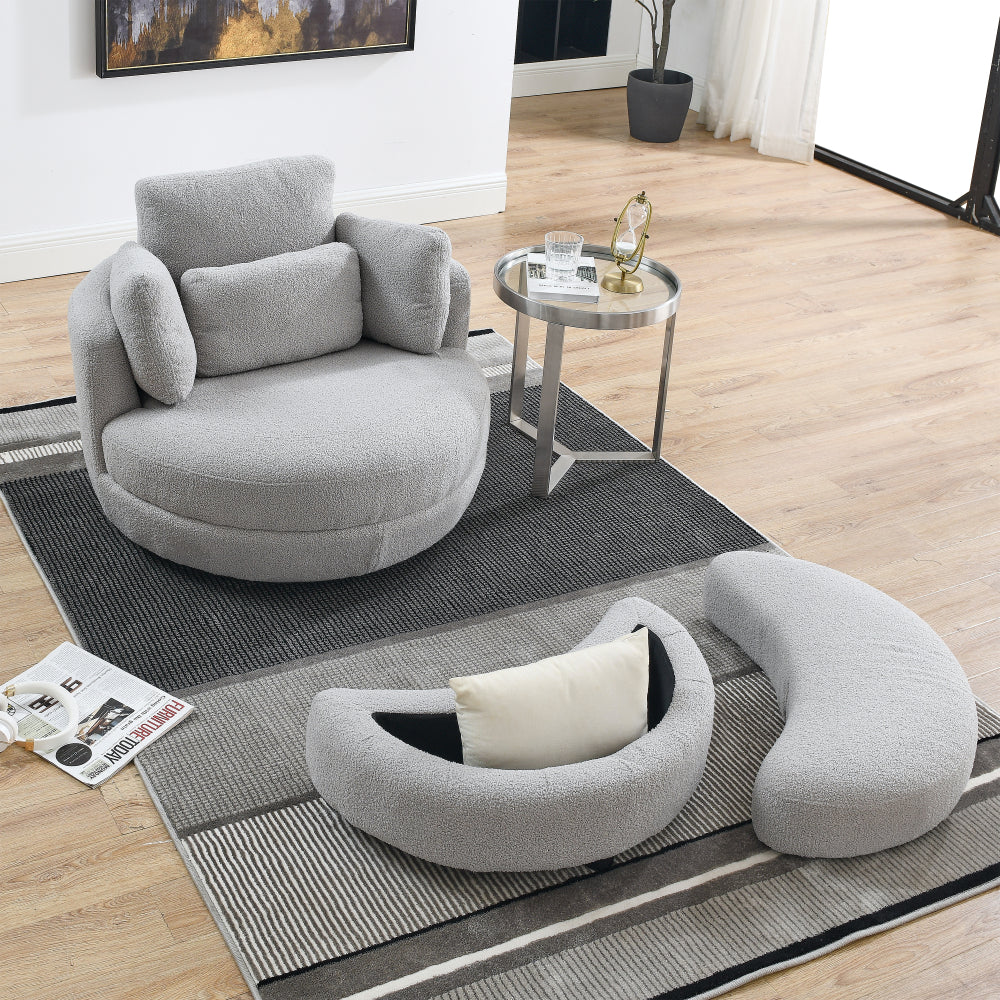 39" Oversized Swivel Chair with Moon Shape Storage Ottoman - Teddy Fabric Modern Accent Round Loveseat Circle Barrel Arm Chairs for Bedroom & Living Room