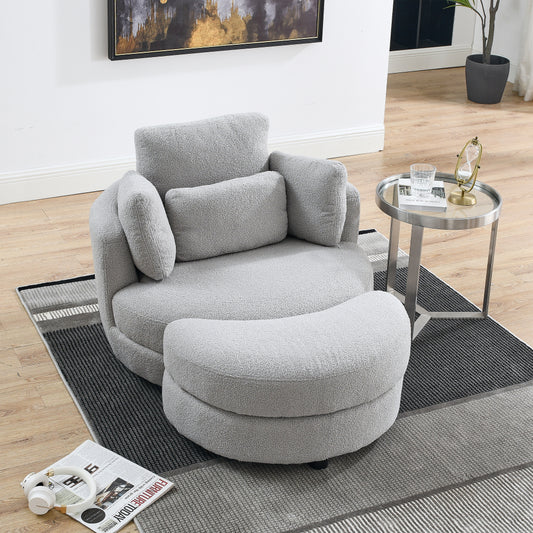 39" Oversized Swivel Chair with Moon Shape Storage Ottoman - Teddy Fabric Modern Accent Round Loveseat Circle Barrel Arm Chairs for Bedroom & Living Room