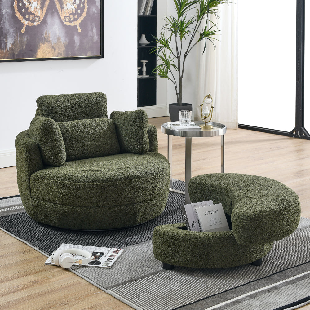 39" Oversized Swivel Chair with Moon Shape Storage Ottoman - Teddy Fabric Modern Accent Round Loveseat Circle Barrel Arm Chairs for Bedroom & Living Room