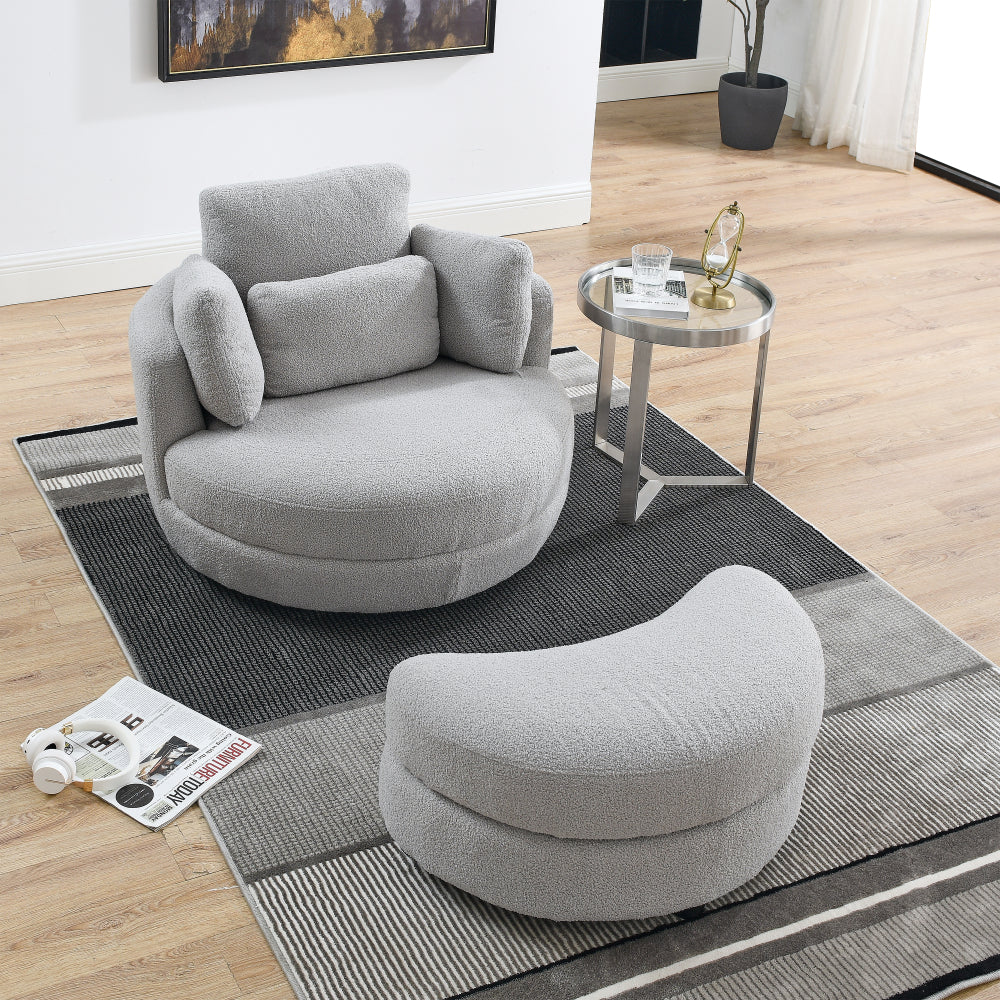 39" Oversized Swivel Chair with Moon Shape Storage Ottoman - Teddy Fabric Modern Accent Round Loveseat Circle Barrel Arm Chairs for Bedroom & Living Room