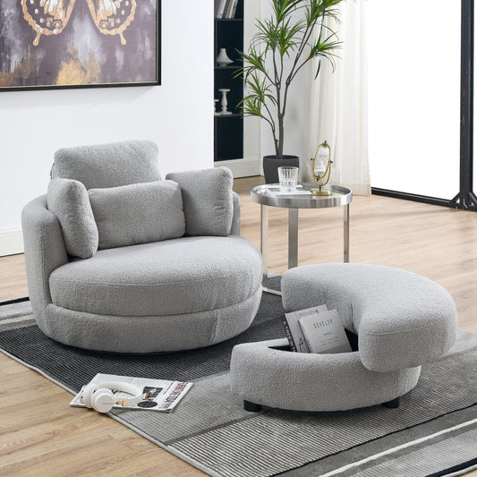 39" Oversized Swivel Chair with Moon Shape Storage Ottoman - Teddy Fabric Modern Accent Round Loveseat Circle Barrel Arm Chairs for Bedroom & Living Room