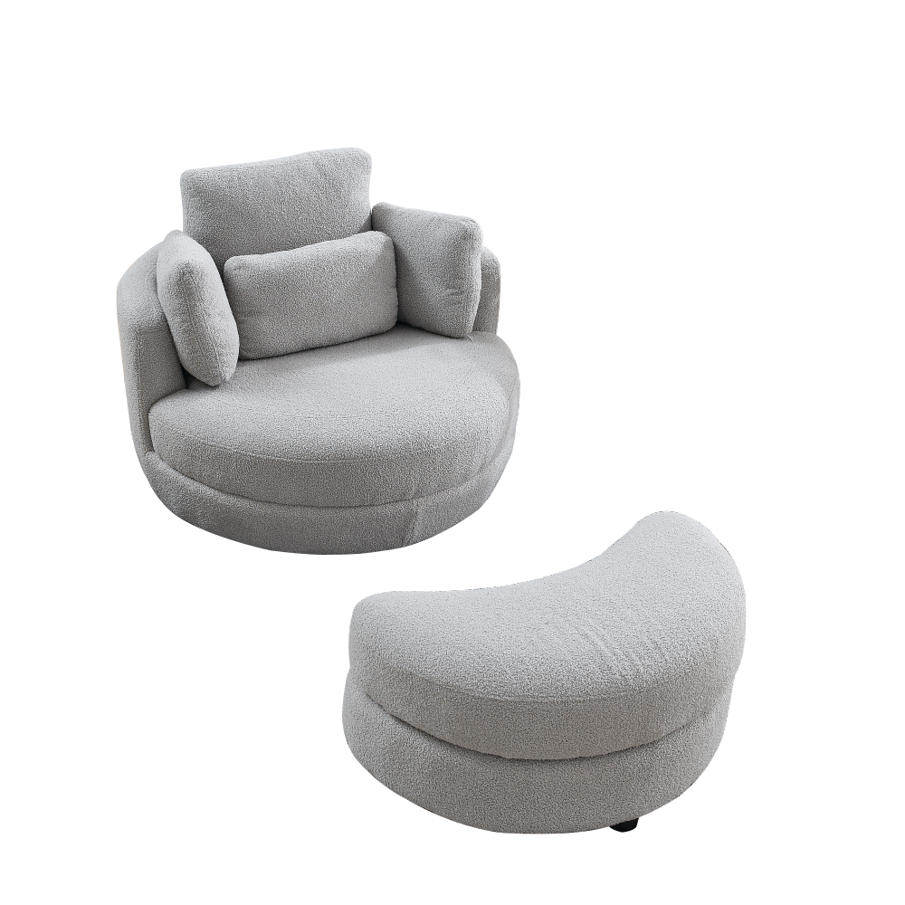 39" Oversized Swivel Chair with Moon Shape Storage Ottoman - Teddy Fabric Modern Accent Round Loveseat Circle Barrel Arm Chairs for Bedroom & Living Room