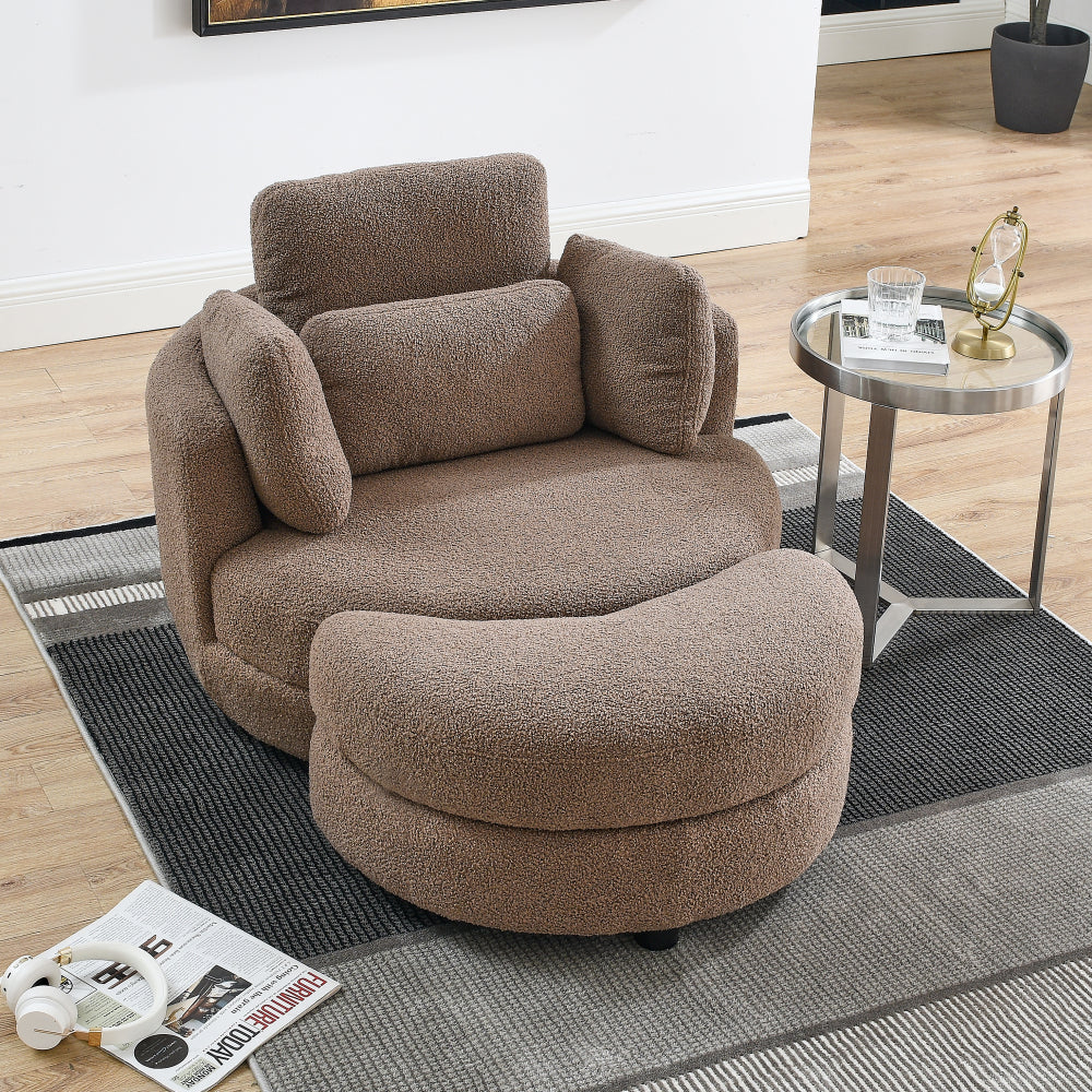 39" Oversized Swivel Chair with Moon Shape Storage Ottoman - Teddy Fabric Modern Accent Round Loveseat Circle Barrel Arm Chairs for Bedroom & Living Room