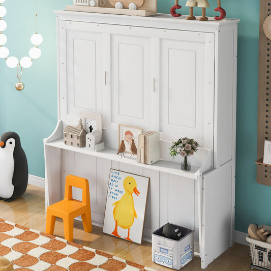 Queen Size Murphy Bed with Shelf/Storage - Solid Wood Bed Frame for Home Office & Studio & Guest Room & Bedroom