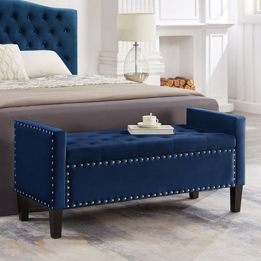 48" Upholstered Tufted Button Storage Bench with Nails Trim - Soft Padded Seat with Armrest Bed Bench for Entryway & Living Room