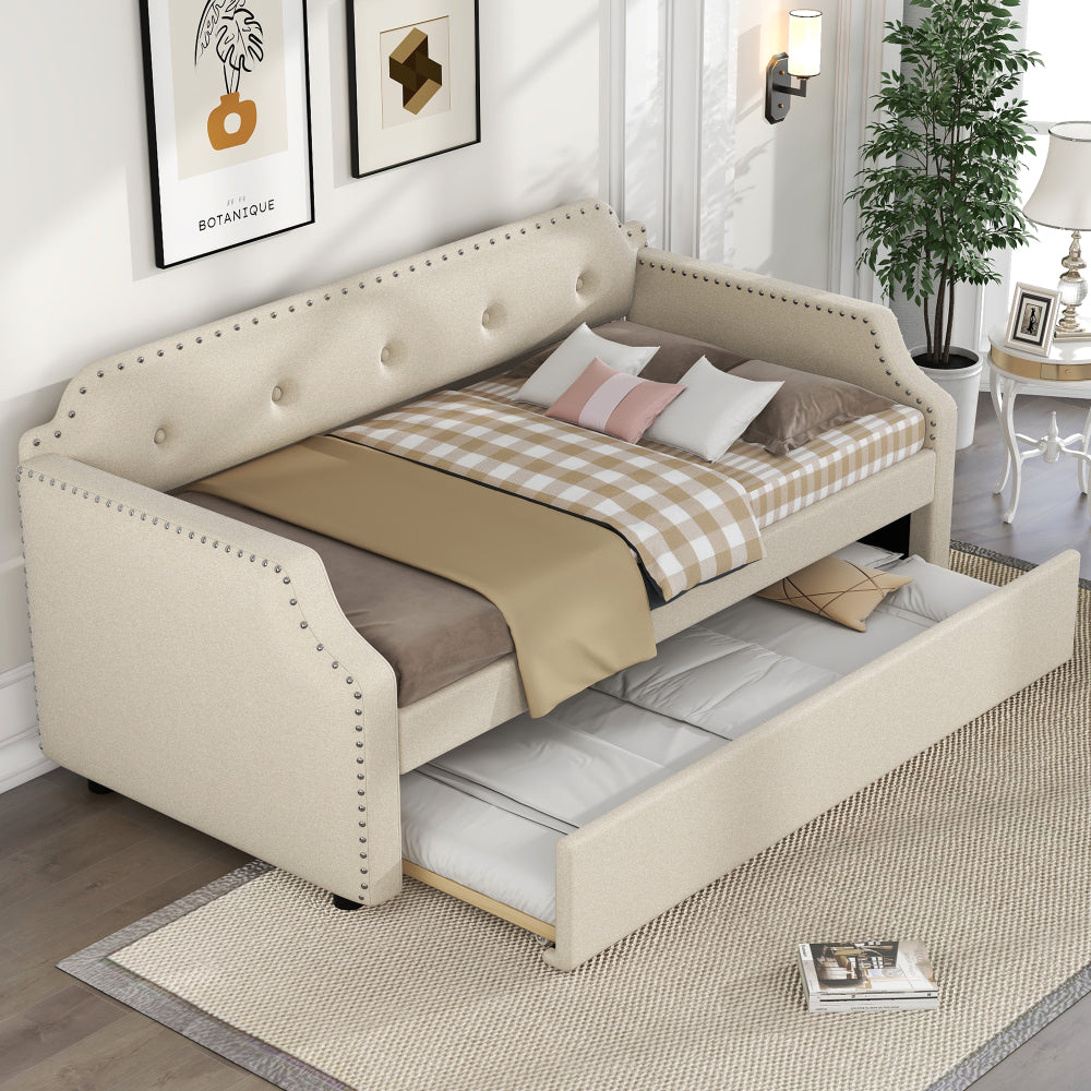 Twin Size Upholstered Daybed with Trundle - Wood Slat Support with Headboard and Armrest - Sofa Bed Frame for Living Room & Guest Room & Home Office