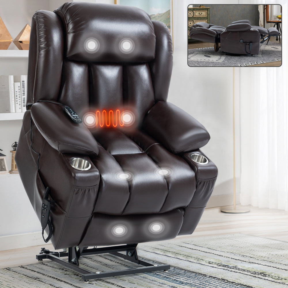 Dual Motor Power Lift Recliner Massage Chair - Infinite Position Up to 350 LBS Leatheraire Arm Chair - Heavy Duty Motion Mechanism with 8-Point Vibration and Lumbar Heating & Cup Holder