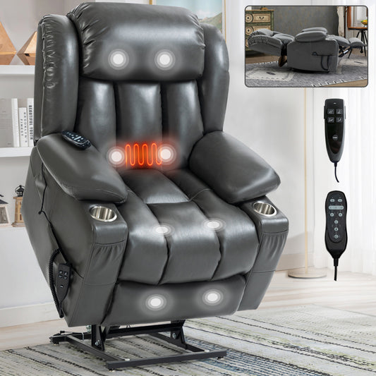 Dual Motor Power Lift Recliner Massage Chair - Infinite Position Up to 350 LBS Leatheraire Arm Chair - Heavy Duty Motion Mechanism with 8-Point Vibration and Lumbar Heating & Cup Holder