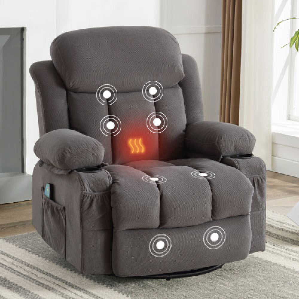 Swivel Recliner Chair with Heat & Massage - Electric Recliner Arm Chair for Elderly with Side Pocket & USB Charge Port & Remote Control for Living Room