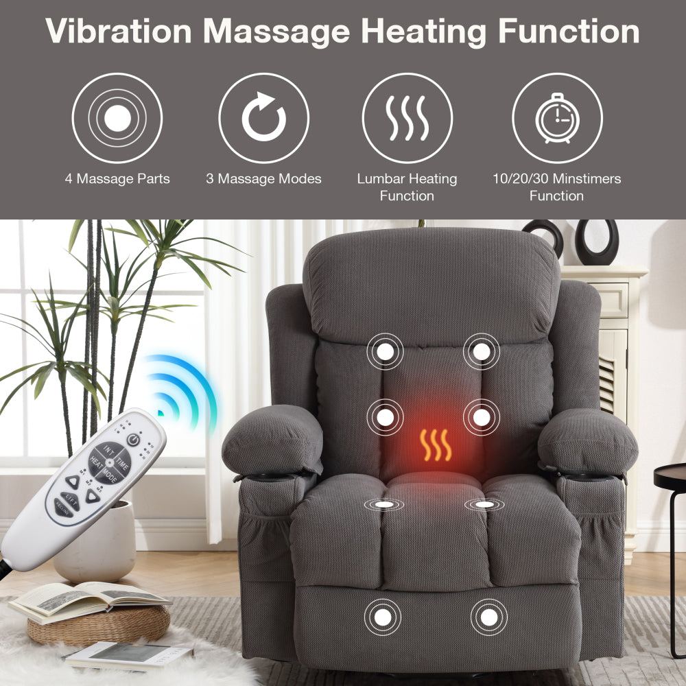 Swivel Recliner Chair with Heat & Massage - Electric Recliner Arm Chair for Elderly with Side Pocket & USB Charge Port & Remote Control for Living Room