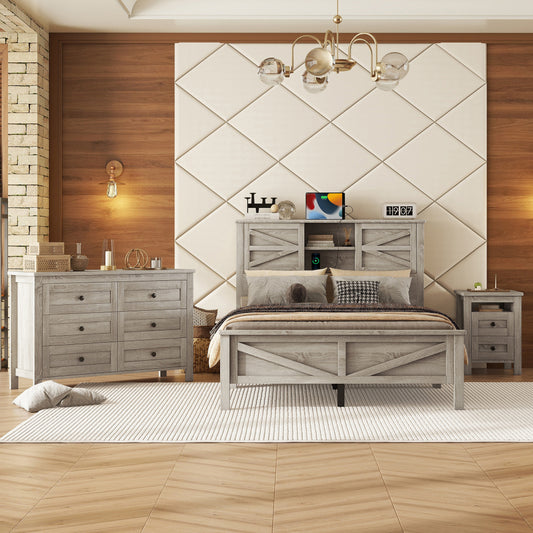 Full Size 3-Pieces Bedroom Set - Farmhouse Bed with Charging Station & Double Sliding Door Storage Headboard & Nightstand & Drawer Dresser