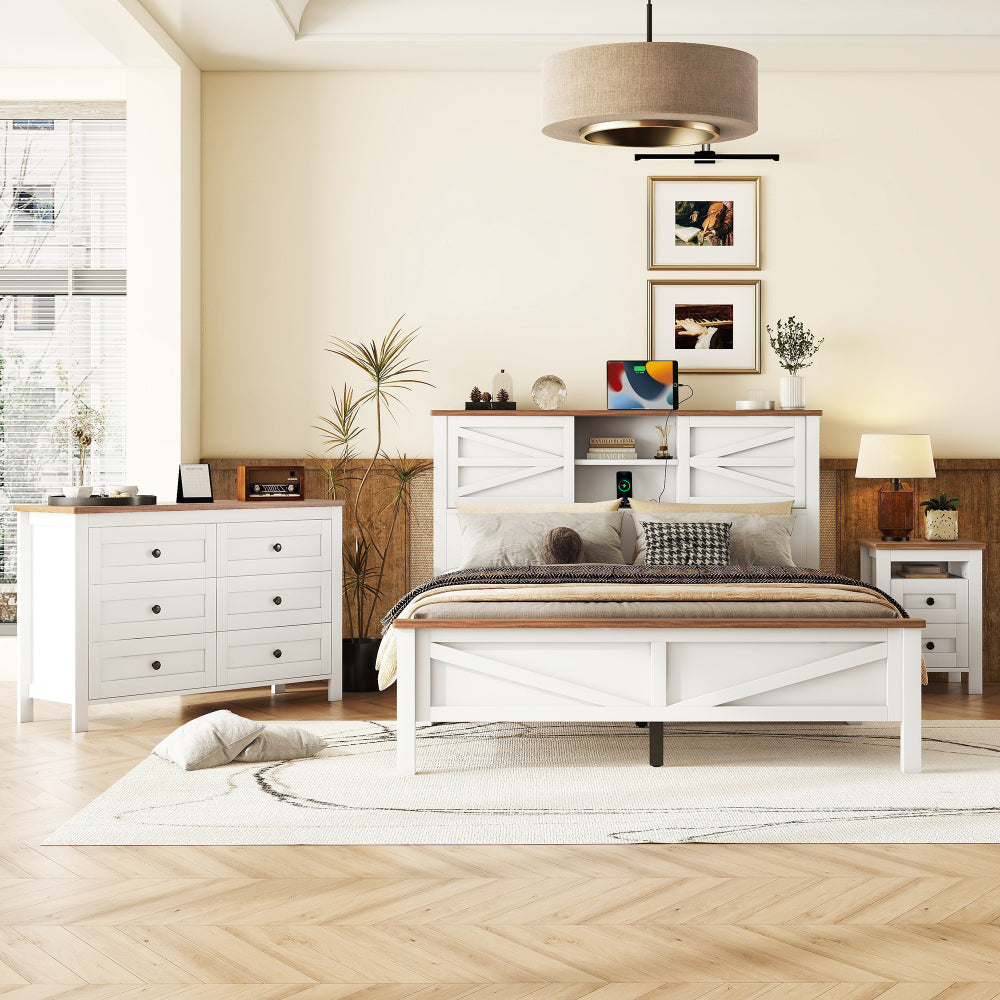 Queen Size 3-Pieces Bedroom Set - Farmhouse Bed with Charging Station & Double Sliding Door Storage Headboard & Nightstand & Drawer Dresser