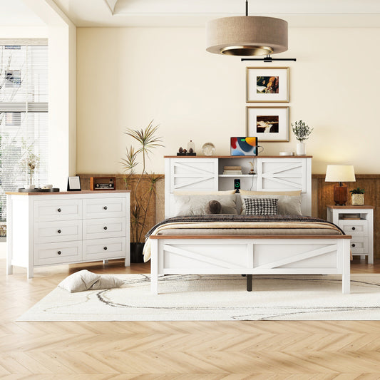 Queen Size 3-Pieces Bedroom Set - Farmhouse Bed with Charging Station & Double Sliding Door Storage Headboard & Nightstand & Drawer Dresser