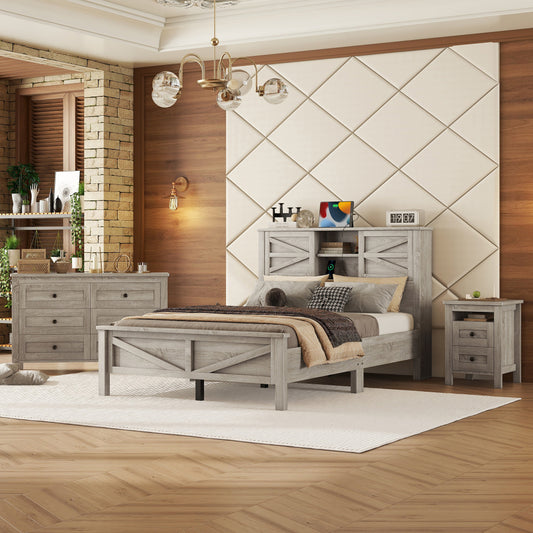 Full Size 3-Pieces Bedroom Set - Farmhouse Bed with Charging Station & Double Sliding Door Storage Headboard & Nightstand & Drawer Dresser
