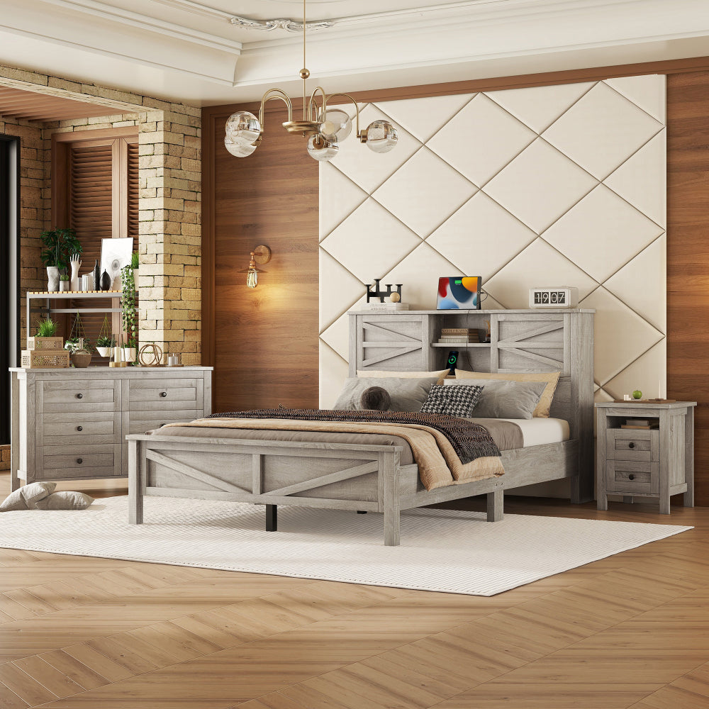 Queen Size 3-Pieces Bedroom Set - Farmhouse Bed with Charging Station & Double Sliding Door Storage Headboard & Nightstand & Drawer Dresser
