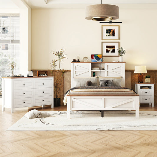 Full Size 3-Pieces Bedroom Set - Farmhouse Bed with Charging Station & Double Sliding Door Storage Headboard & Nightstand & Drawer Dresser