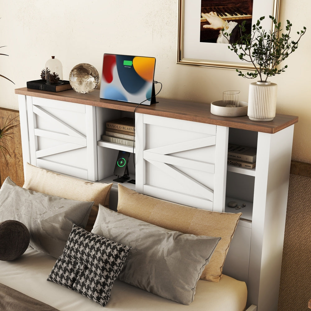 Full Size 3-Pieces Bedroom Set - Farmhouse Bed with Charging Station & Double Sliding Door Storage Headboard & Nightstand & Drawer Dresser