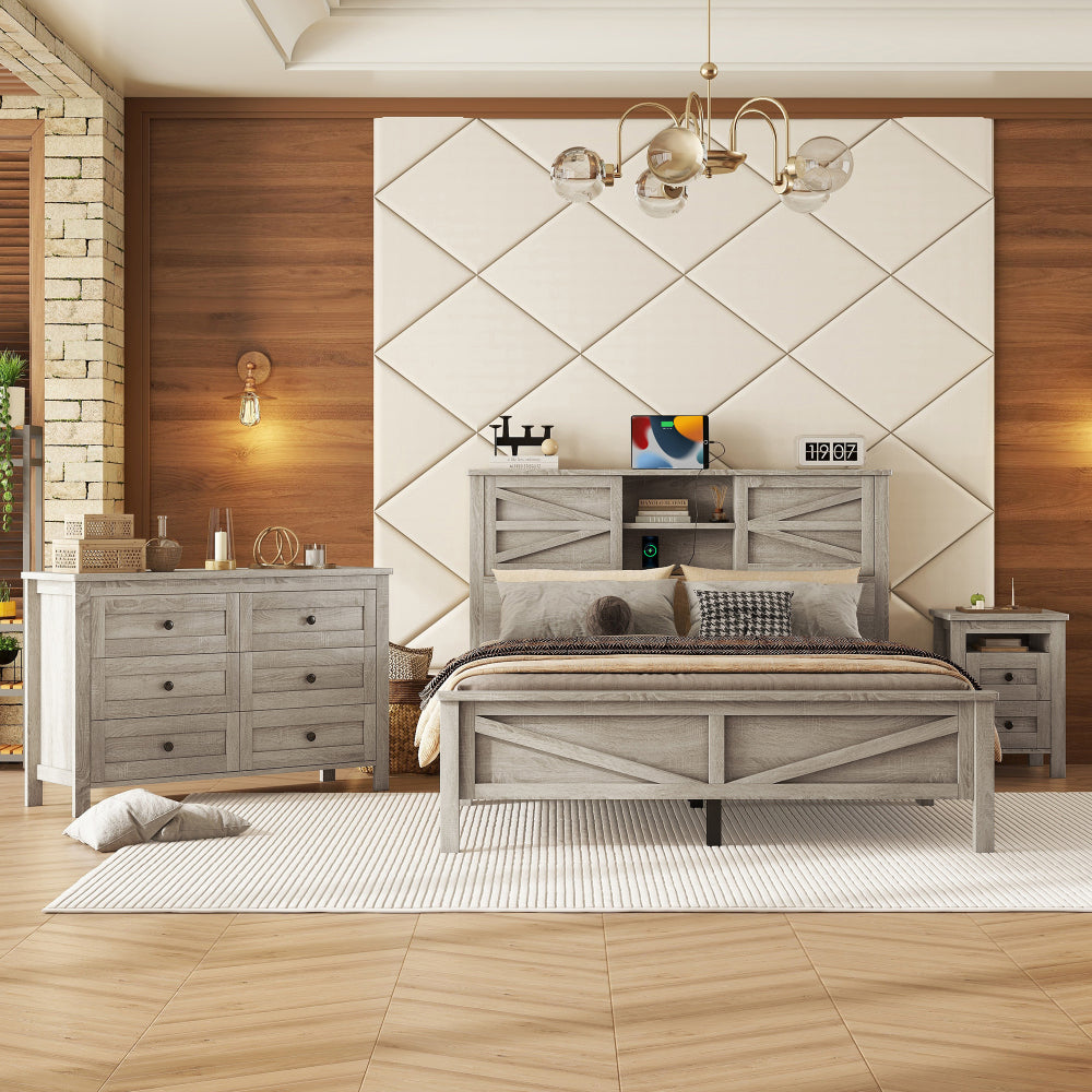 Queen Size 3-Pieces Bedroom Set - Farmhouse Bed with Charging Station & Double Sliding Door Storage Headboard & Nightstand & Drawer Dresser