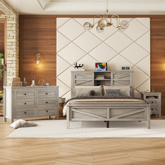 Queen Size 3-Pieces Bedroom Set - Farmhouse Bed with Charging Station & Double Sliding Door Storage Headboard & Nightstand & Drawer Dresser