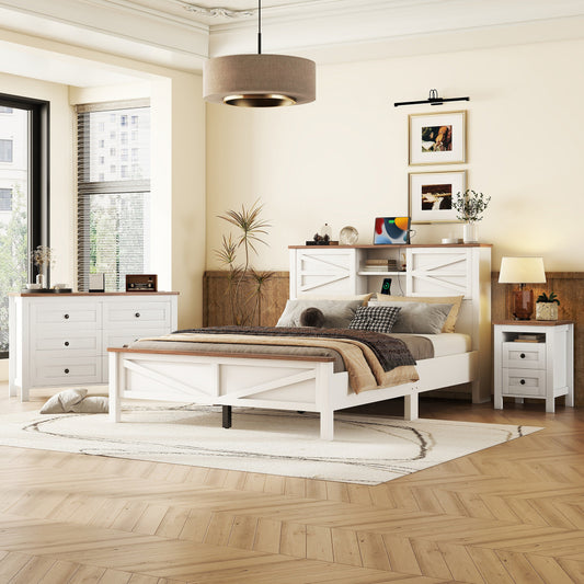 Queen Size 3-Pieces Bedroom Set - Farmhouse Bed with Charging Station & Double Sliding Door Storage Headboard & Nightstand & Drawer Dresser