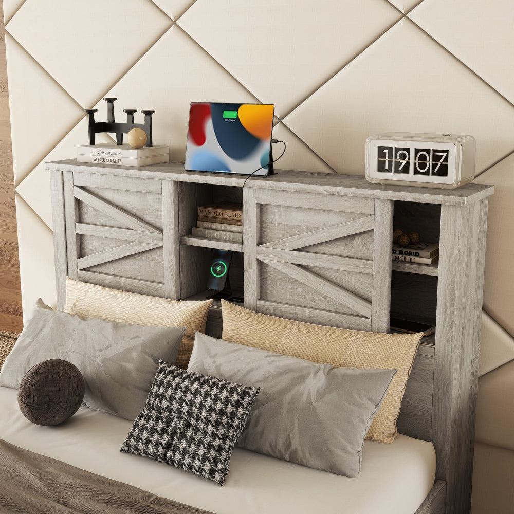 Queen Size 3-Pieces Bedroom Set - Farmhouse Bed with Charging Station & Double Sliding Door Storage Headboard & Nightstand & Drawer Dresser
