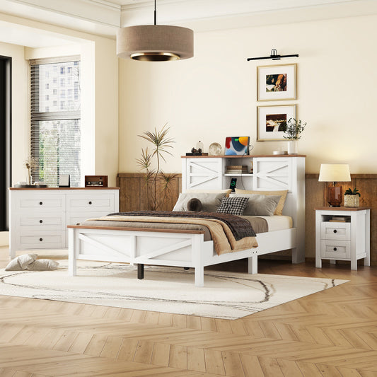 Full Size 3-Pieces Bedroom Set - Farmhouse Bed with Charging Station & Double Sliding Door Storage Headboard & Nightstand & Drawer Dresser