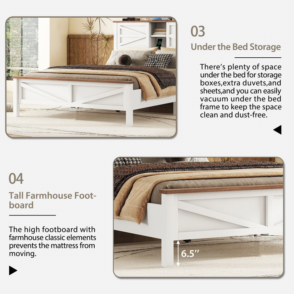 Full Size 3-Pieces Bedroom Set - Farmhouse Bed with Charging Station & Double Sliding Door Storage Headboard & Nightstand & Drawer Dresser