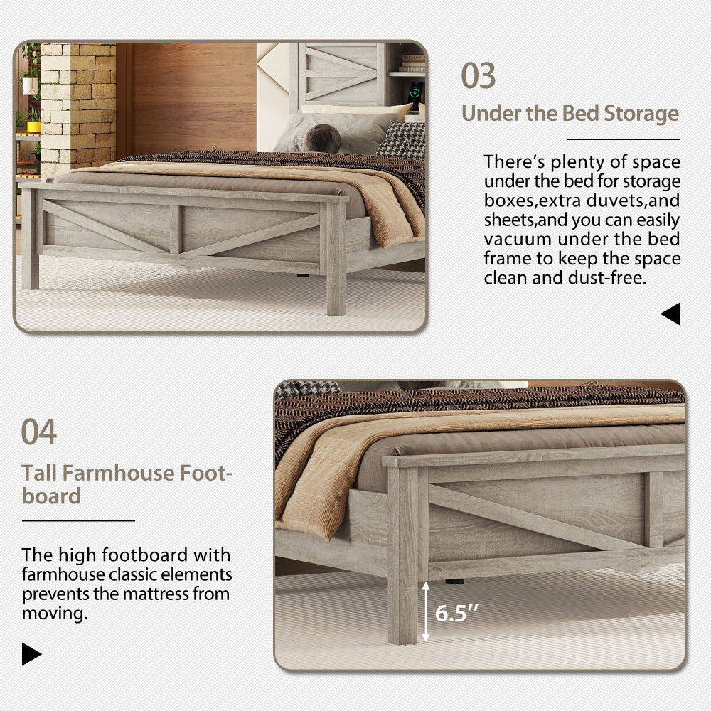 Queen Size 3-Pieces Bedroom Set - Farmhouse Bed with Charging Station & Double Sliding Door Storage Headboard & Nightstand & Drawer Dresser