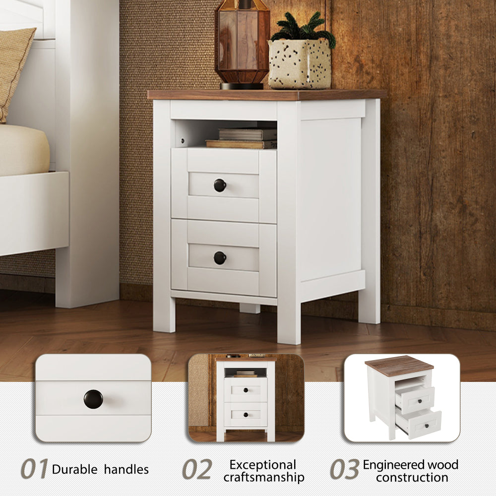 Full Size 3-Pieces Bedroom Set - Farmhouse Bed with Charging Station & Double Sliding Door Storage Headboard & Nightstand & Drawer Dresser