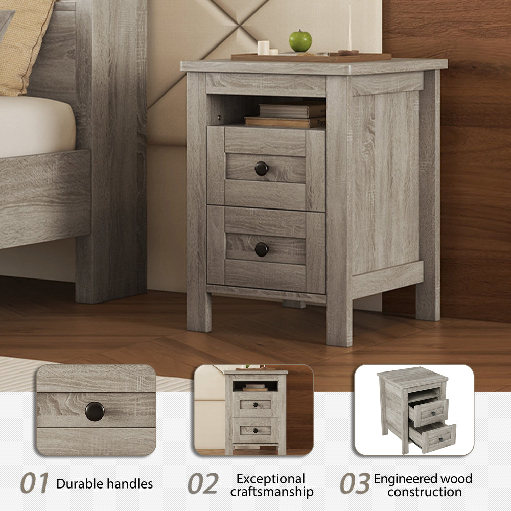 Queen Size 3-Pieces Bedroom Set - Farmhouse Bed with Charging Station & Double Sliding Door Storage Headboard & Nightstand & Drawer Dresser