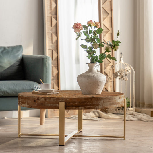 31" Modern Retro Splicing Round Coffee Table - Wood Table Top with Cross Legs Sturdy Base Tea Sofa Table - Accent Table for Living Room