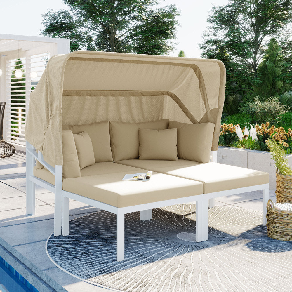 60" 3-Piece Patio Daybed with Retractable Canopy - Outdoor Metal Sectional Sofa Set - Sun Lounger with Cushions for Backyard & Porch & Poolside