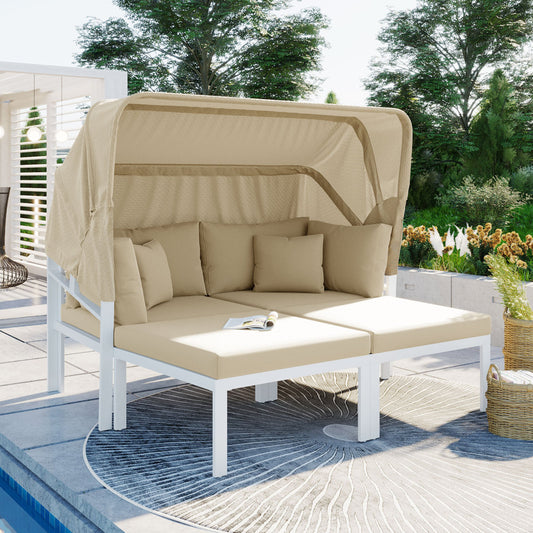 60" 3-Piece Patio Daybed with Retractable Canopy - Outdoor Metal Sectional Sofa Set - Sun Lounger with Cushions for Backyard & Porch & Poolside